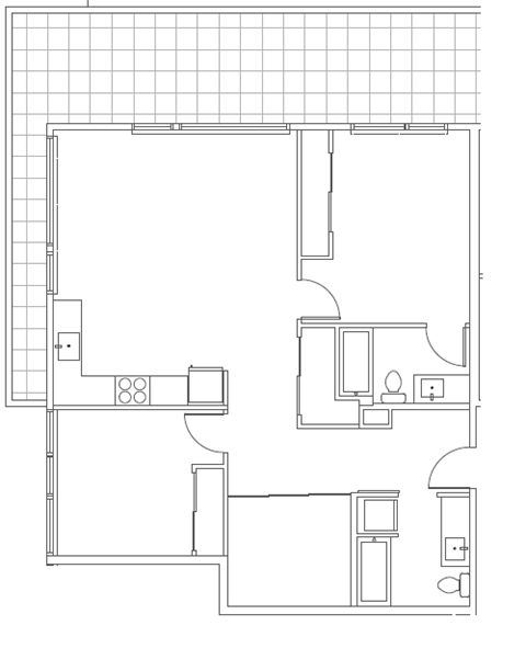 A floor plan of a house with a kitchen, living room, and two bedrooms.